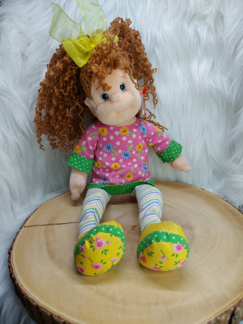 Ty 2001 Beanie Boppers Huggable Holly  Rag Doll in Pink, Yellow & Green